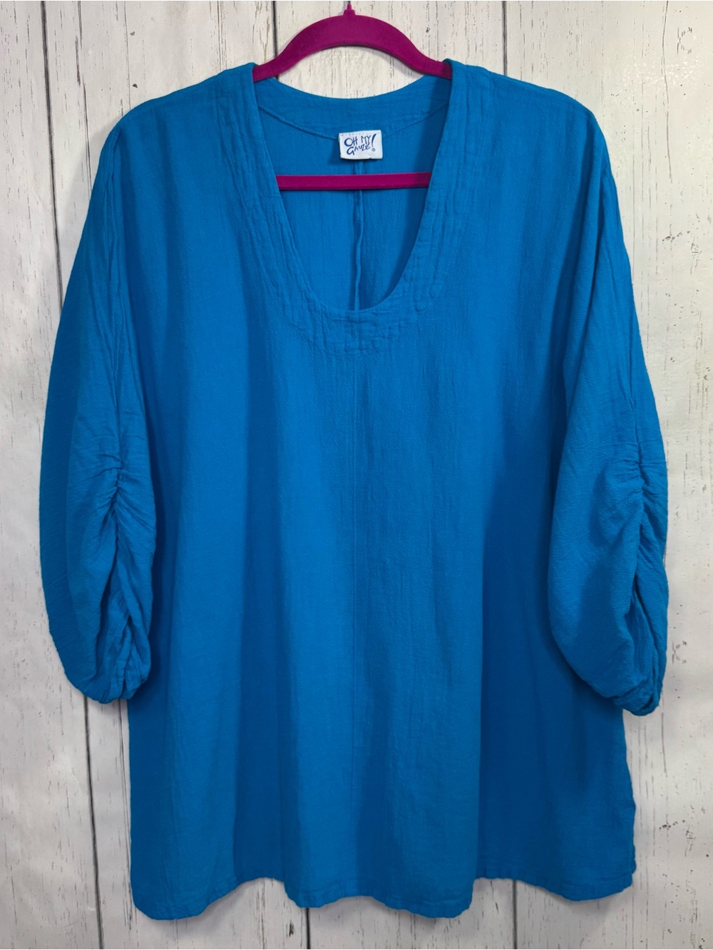 Oh My Gauze Blue Cotton Tunic Top Size XXL Lagenlook Coastal Boho Resortwear